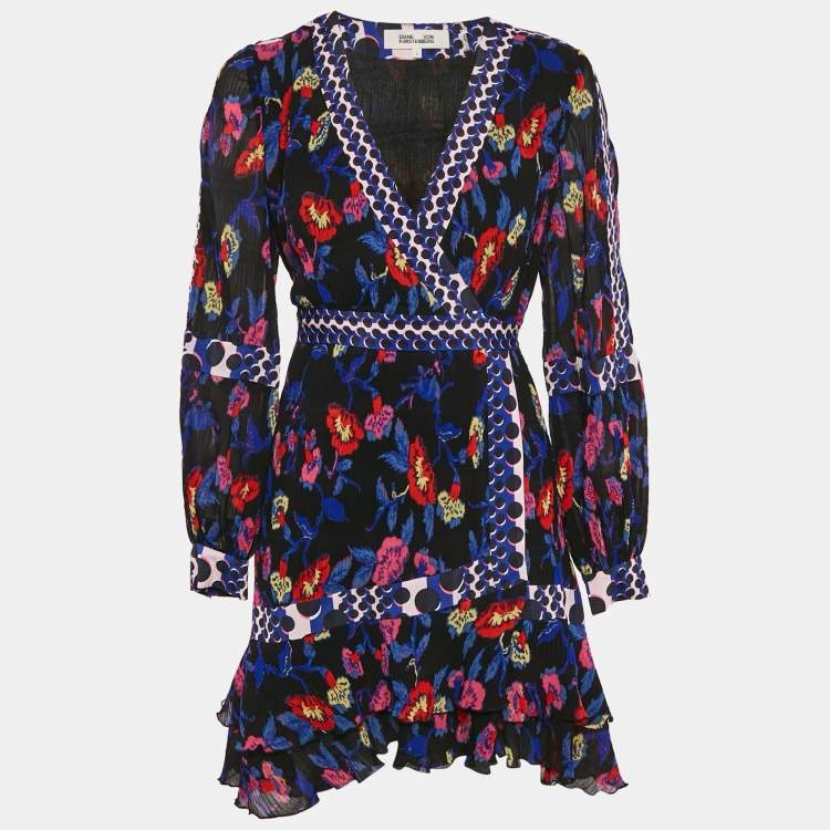 Pre Owned Diane Von Furstenberg Black Floral Print Textured Crepe Wrap Mini Dress S