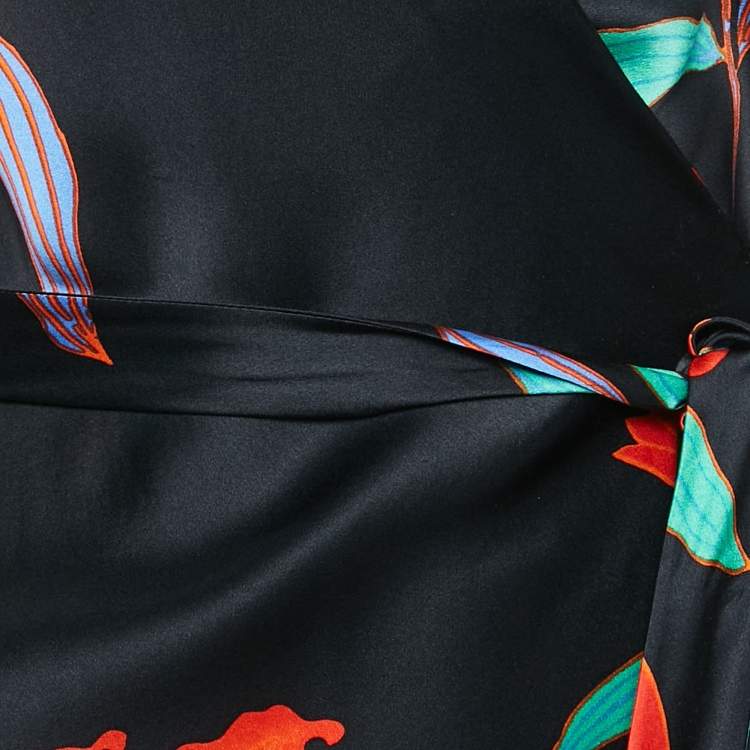 مملوكة مسبقًا Diane Von Furstenberg Black Floral Print Satin Maxi Wrap Dress M