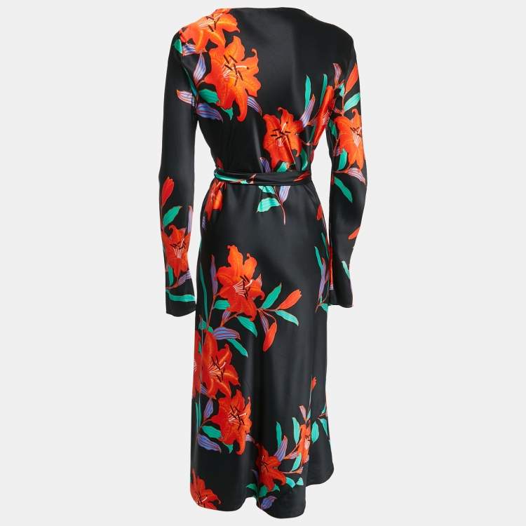 مملوكة مسبقًا Diane Von Furstenberg Black Floral Print Satin Maxi Wrap Dress M