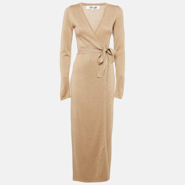 Pre Owned Diane Von Furstenberg Gold Lurex Knit Wrap Dress XS