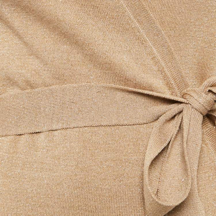 Pre Owned Diane Von Furstenberg Gold Lurex Knit Wrap Dress XS