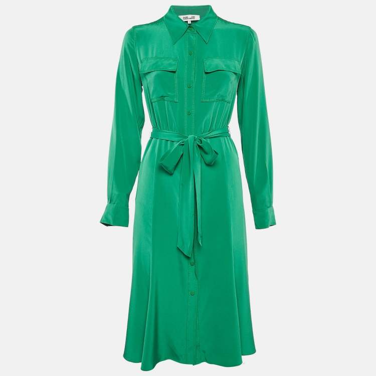 مملوكة مسبقًا Diane Von Furstenberg Green Silk Button Front Belted Midi Dress S