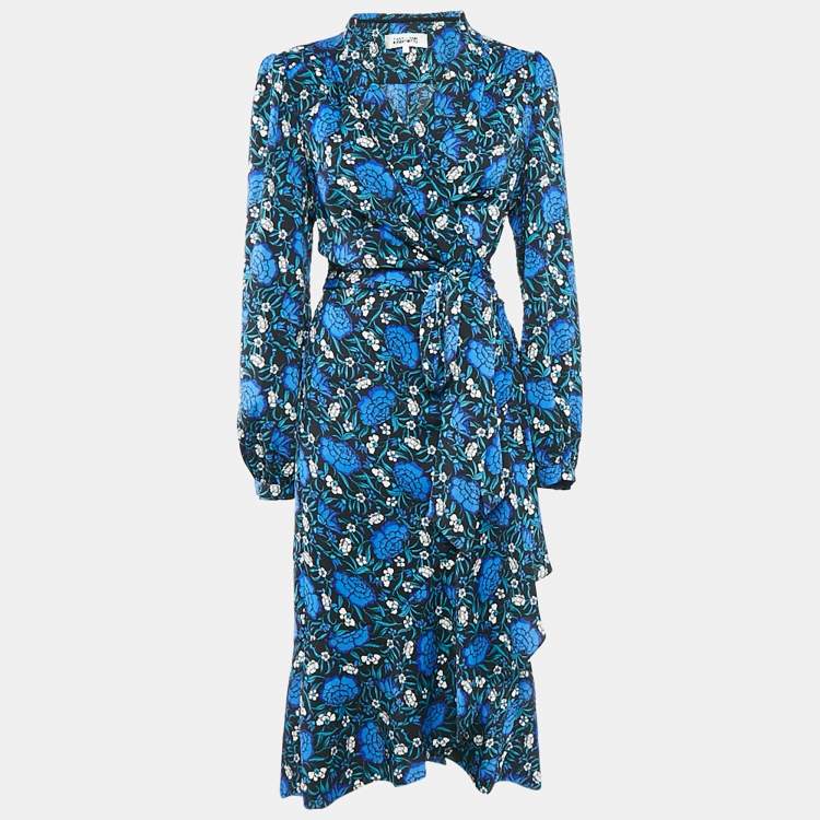 مملوكة مسبقًا Diane Von Furstenberg Blue Floral Print Crepe Carla Wrap Dress L