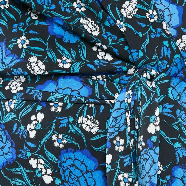 مملوكة مسبقًا Diane Von Furstenberg Blue Floral Print Crepe Carla Wrap Dress L