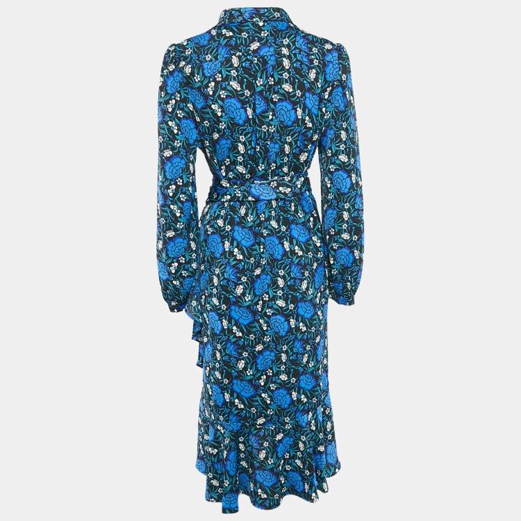 مملوكة مسبقًا Diane Von Furstenberg Blue Floral Print Crepe Carla Wrap Dress L