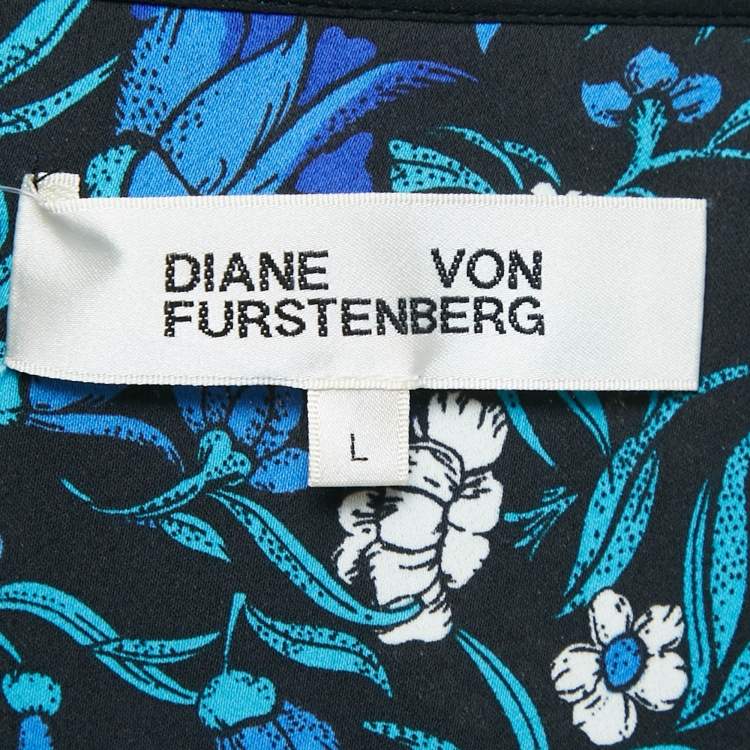 مملوكة مسبقًا Diane Von Furstenberg Blue Floral Print Crepe Carla Wrap Dress L