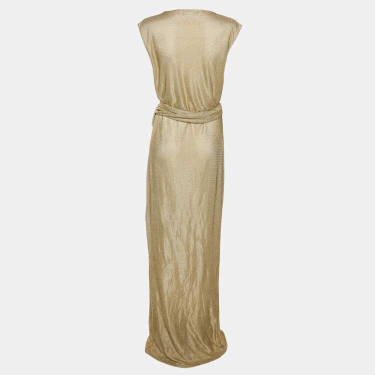 Pre Owned Diane Von Furstenberg Metallic Gold Knit Sleeveless Maxi Wrap Dress M