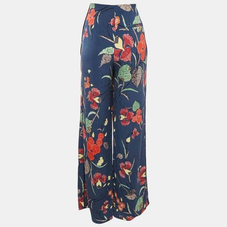 Pre Owned Diane Von Furstenberg Blue Floral Print Crepe Wide Leg Pants M