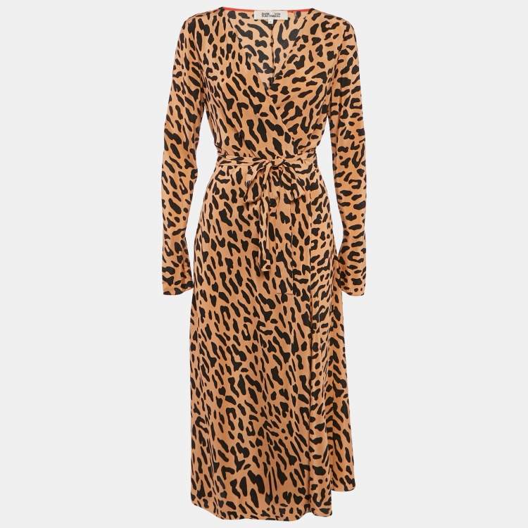 مملوكة مسبقًا Diane Von Furstenberg Peach Leopard Print Silk Midi Wrap Dress M