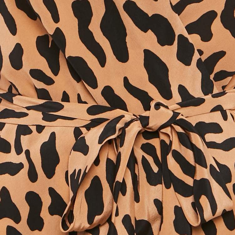 مملوكة مسبقًا Diane Von Furstenberg Peach Leopard Print Silk Midi Wrap Dress M