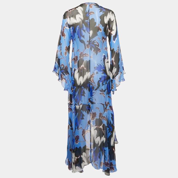 مملوكة مسبقًا Diane Von Furstenberg Blue Abstract Print Silk Ruffled Cover-Up XXS