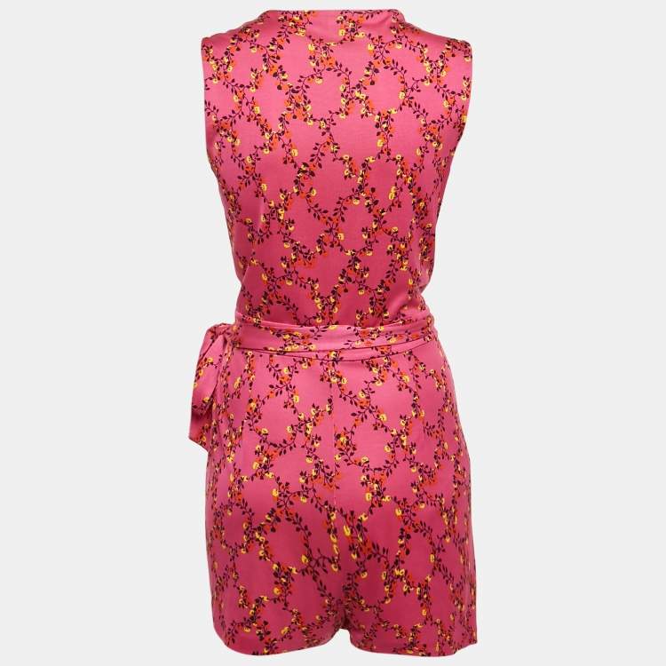 Pre Owned Diane Von Furstenberg Pink Maeve Print Silk Jersey Wrap Playsuit M