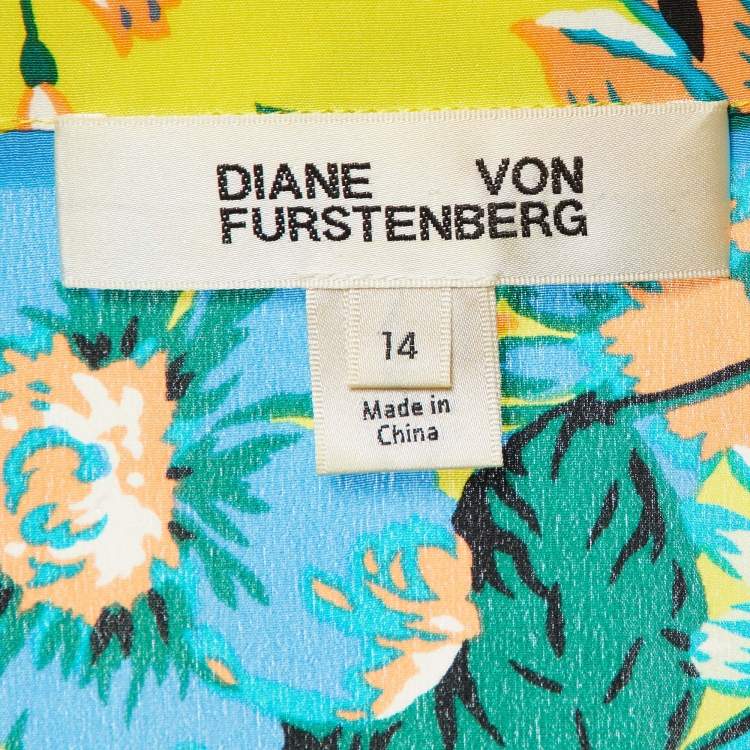Pre Owned Diane von Furstenberg Yellow Floral Print Silk Button Front Shirt XL