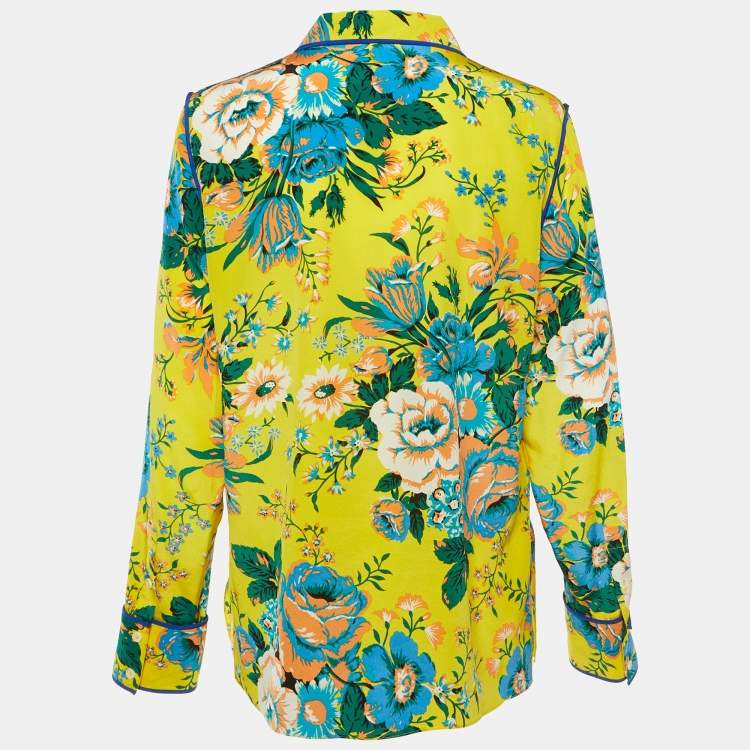 Pre Owned Diane von Furstenberg Yellow Floral Print Silk Button Front Shirt XL