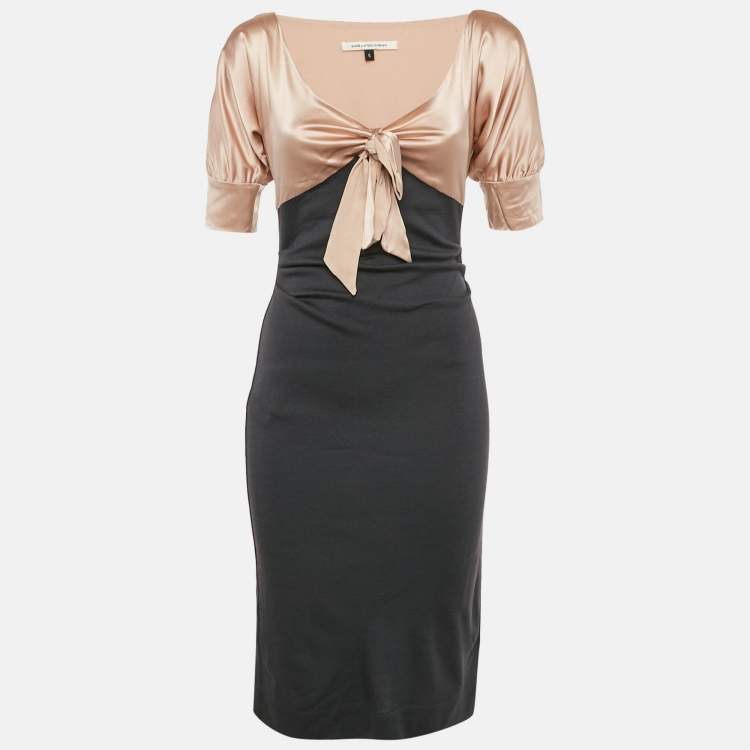Pre Owned Diane Von Furstenberg Pink/Grey Silk and Wool Knit Bow Detail Short Kitt Dress S