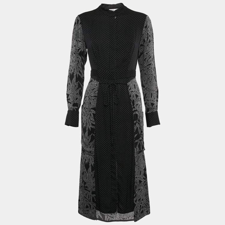 Pre Owned Diane Von Furstenberg Black Printed Silk Button Front Midi Dress S