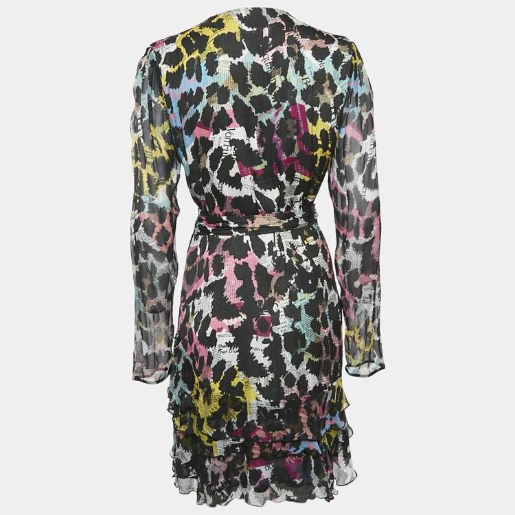 Pre Owned Diane Von Furstenberg Black/Multicolor Newspaper Print Crepe Wrap Dress M