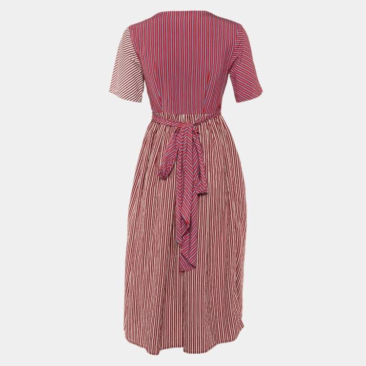 Pre Owned Diane Von Furstenberg Tricolor Striped Poplin Wrap Dress S