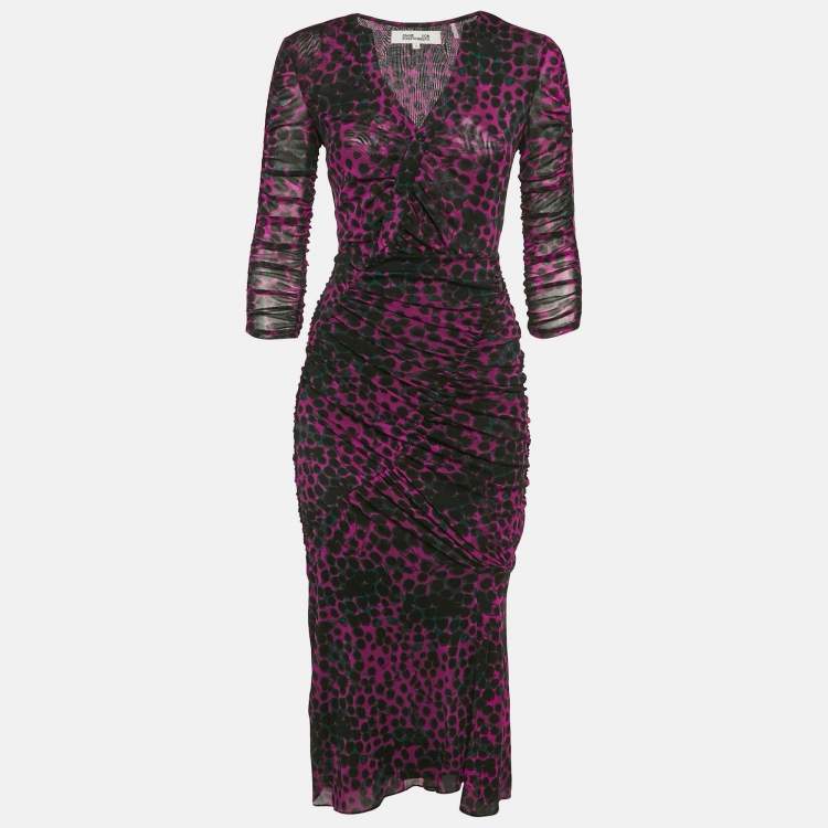 Pre Owned Diane Von Furstenberg Pink/Black Printed Stretch Mesh Ruche Detail Midi Dress S