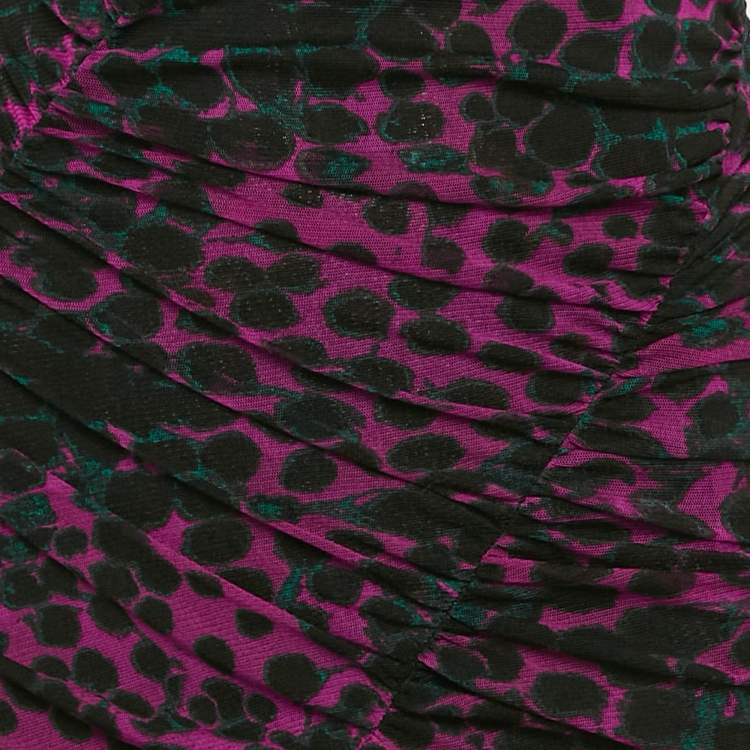 Pre Owned Diane Von Furstenberg Pink/Black Printed Stretch Mesh Ruche Detail Midi Dress S
