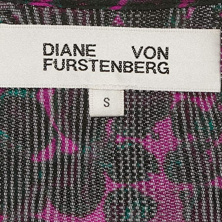 Pre Owned Diane Von Furstenberg Pink/Black Printed Stretch Mesh Ruche Detail Midi Dress S