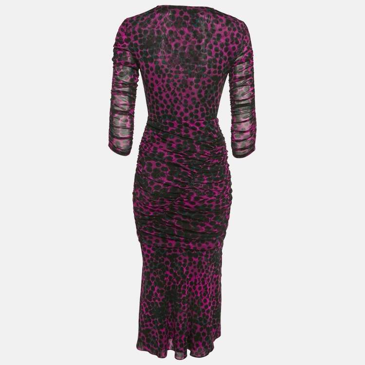 Pre Owned Diane Von Furstenberg Pink/Black Printed Stretch Mesh Ruche Detail Midi Dress S