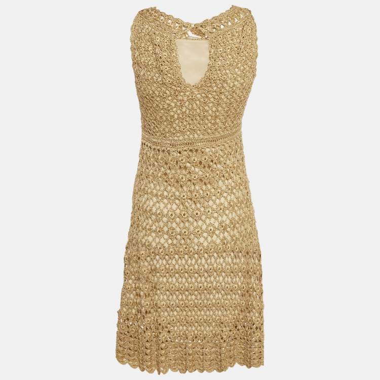 Pre Owned Diane Von Furstenberg Beige Lurex Crochet Adie Dress S