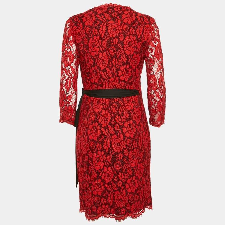 Pre Owned Diane von Furstenberg Red Floral Lace Julianna Wrap Dress M
