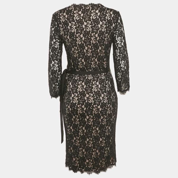 Pre Owned Diane von Furstenberg Black Floral Lace Julianna Wrap Dress L