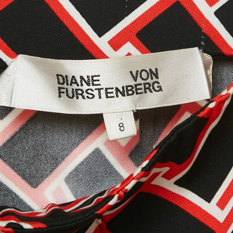 Pre Owned Diane Von Furstenberg Black/Red Geometric Print Crepe Wide-Leg Trousers M