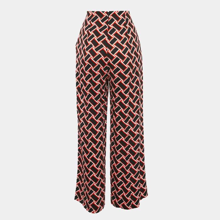 Pre Owned Diane Von Furstenberg Black/Red Geometric Print Crepe Wide-Leg Trousers M