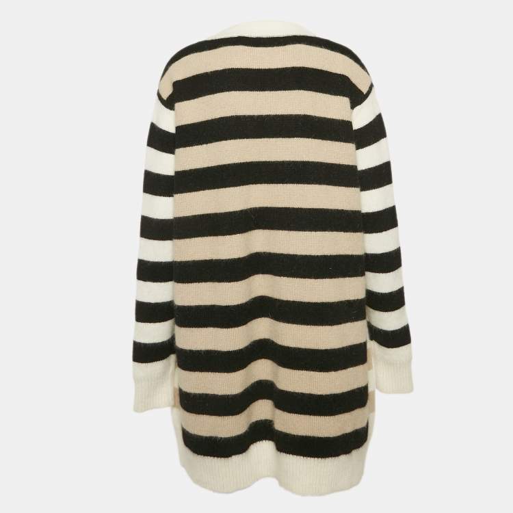 Pre Owned Diane Von Furstenberg Beige/Black Striped Angora Wool Long Cardigan S