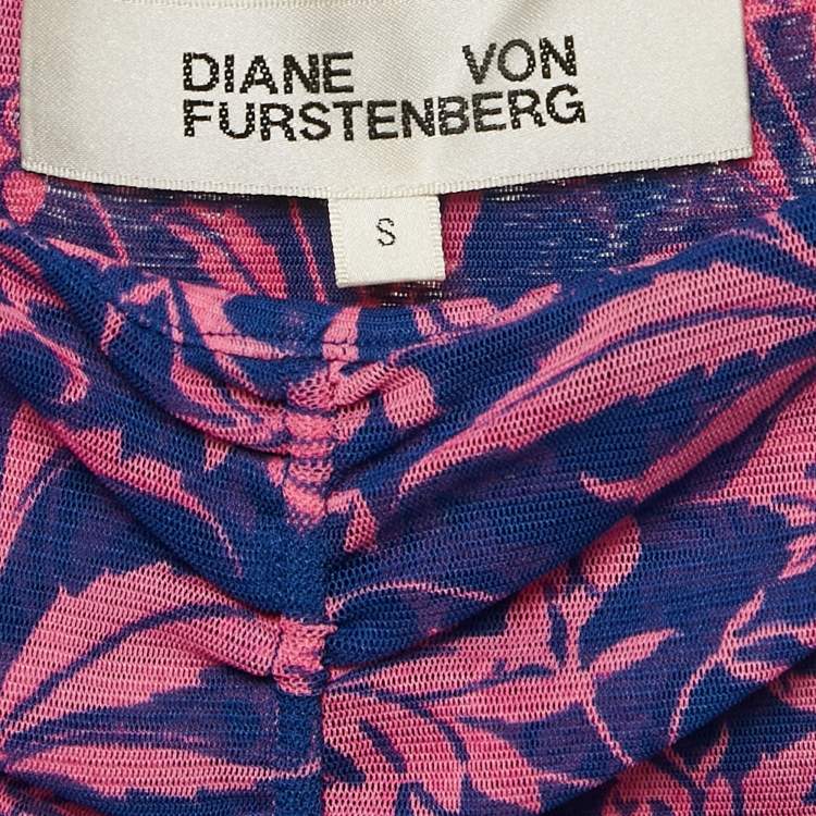 Pre Owned Diane Von Furstenberg Pink/Blue Floral Print Jersey Ruched Dress S