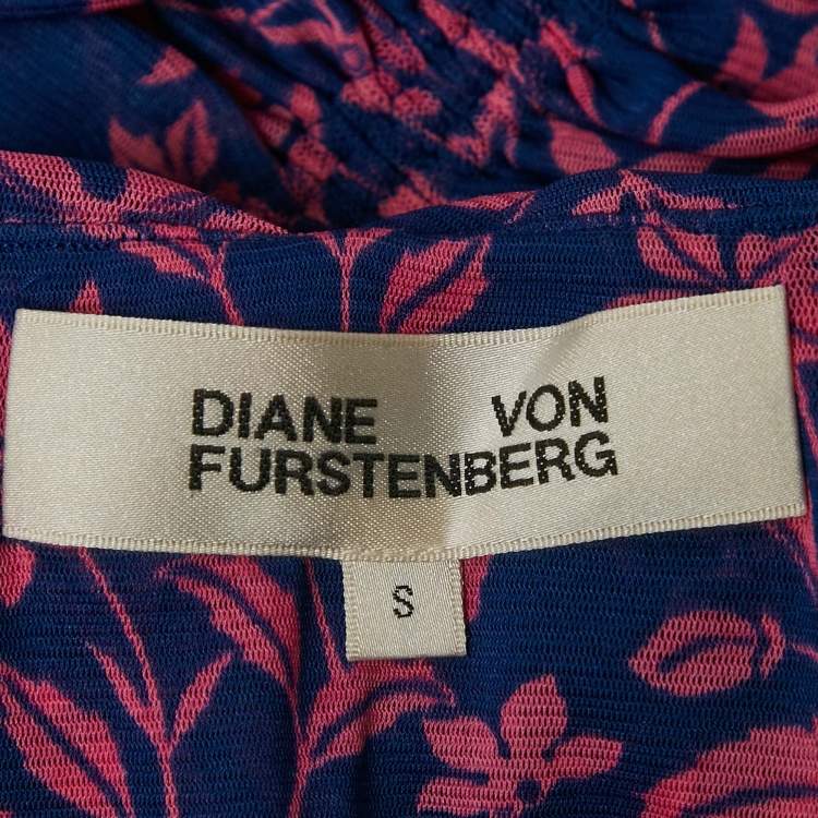 Pre Owned Diane Von Furstenberg Pink/Blue Floral Print Jersey Ruched Dress S