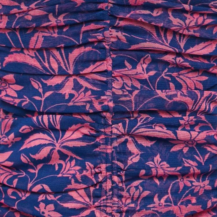 Pre Owned Diane Von Furstenberg Pink/Blue Floral Print Jersey Ruched Dress S