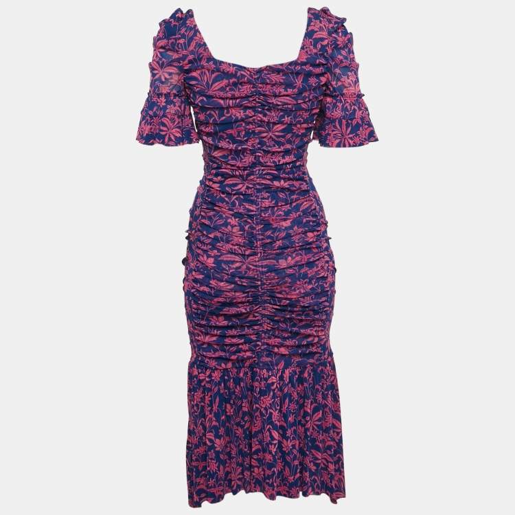 Pre Owned Diane Von Furstenberg Pink/Blue Floral Print Jersey Ruched Dress S