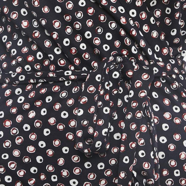Pre Owned Diane Von Furstenberg Navy Blue Dot Print Silk Knit Wrap Dress XL