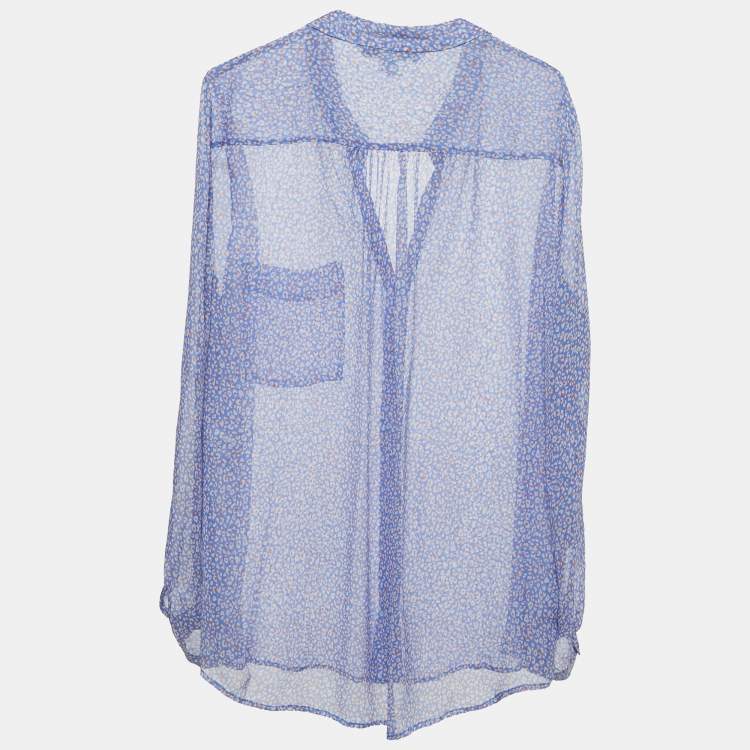 Pre Owned Diane Von Furstenberg Blue Printed Sheer Silk Button Front Gilmore Blouse XL