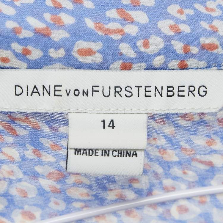 Pre Owned Diane Von Furstenberg Blue Printed Sheer Silk Button Front Gilmore Blouse XL