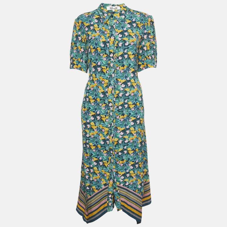 Pre Owned Diane Von Furstenberg Multicolor Satin Printed Button Front Midi Dress L