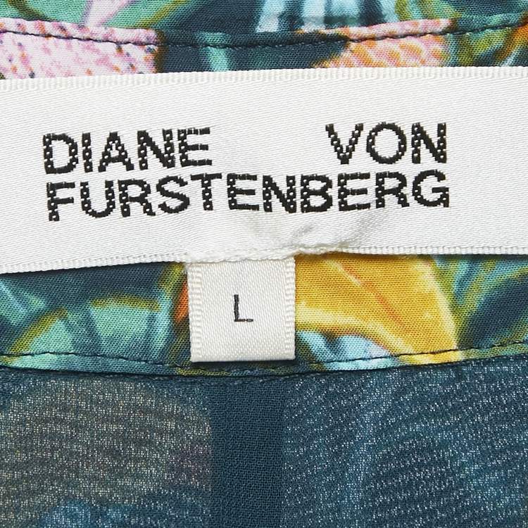 Pre Owned Diane Von Furstenberg Multicolor Satin Printed Button Front Midi Dress L