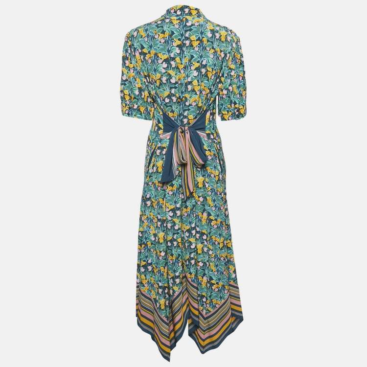 Pre Owned Diane Von Furstenberg Multicolor Satin Printed Button Front Midi Dress L
