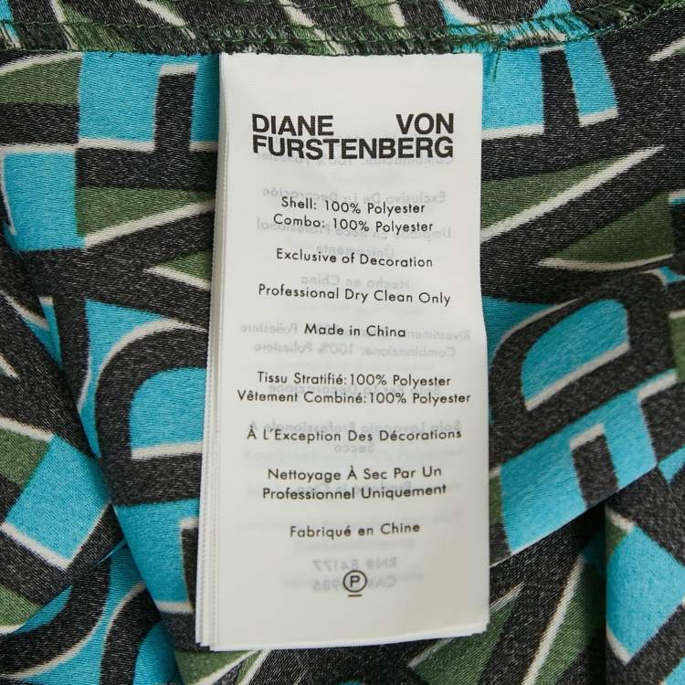Pre Owned Diane Von Furstenberg  Multicolor Logo Print Satin Wrap Detail Midi Dress L