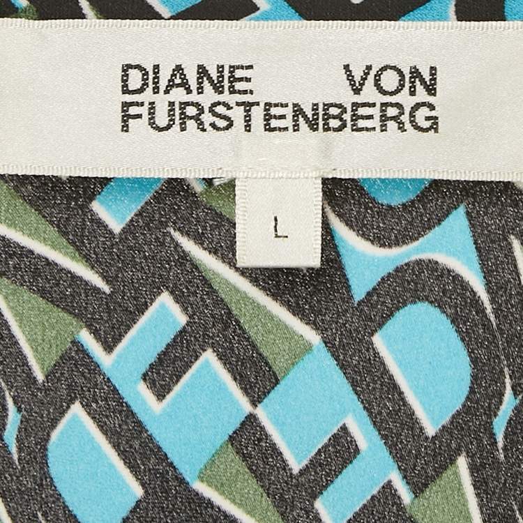 Pre Owned Diane Von Furstenberg  Multicolor Logo Print Satin Wrap Detail Midi Dress L