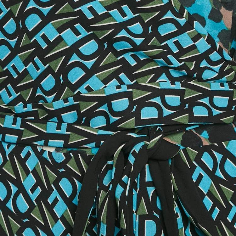 Pre Owned Diane Von Furstenberg  Multicolor Logo Print Satin Wrap Detail Midi Dress L