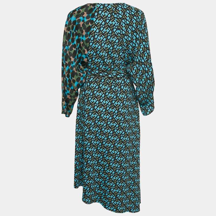 Pre Owned Diane Von Furstenberg  Multicolor Logo Print Satin Wrap Detail Midi Dress L