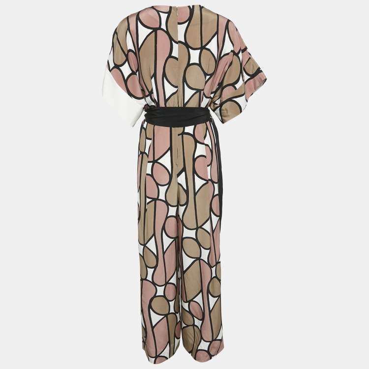 Pre Owned Diane Von Furstenberg Multicolor Printed Silk Belted Jumpsuit M