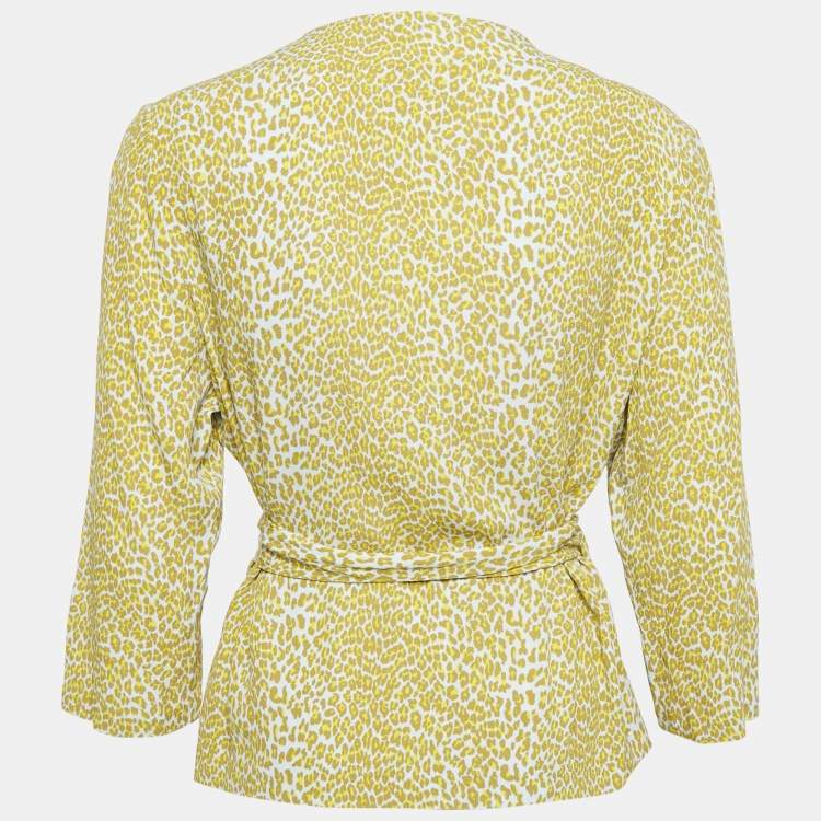 Pre Owned Diane Von Furstenberg Yellow Leopard Print Silk Wrap Top L