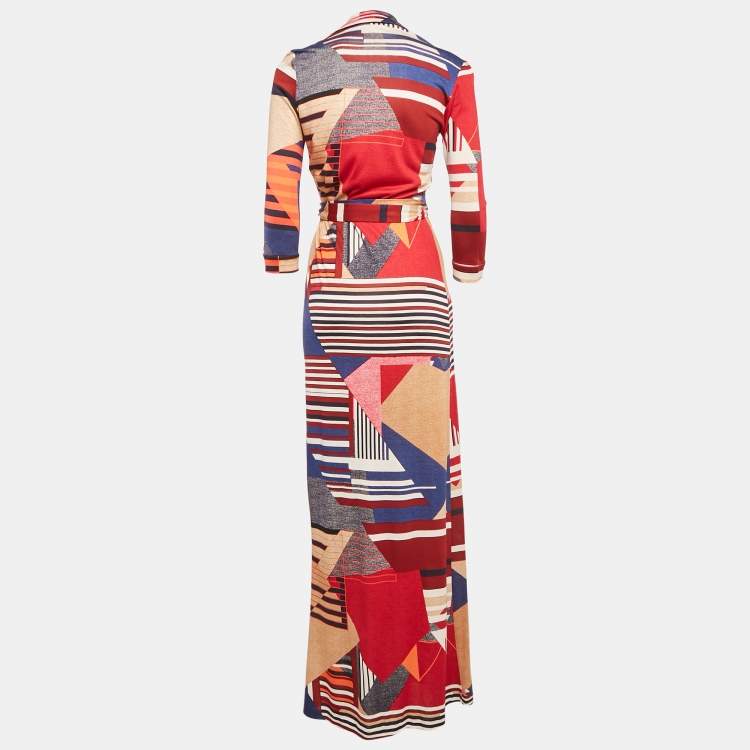 Pre Owned Diane Von Furstenberg Multicolor Geometric Print Silk Abigail Wrap Maxi Dress M