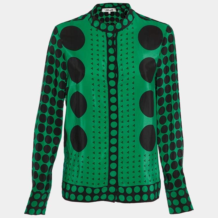 Pre Owned Diane Von Furstenberg Green Polka Dot Silk Button Front Shirt L 